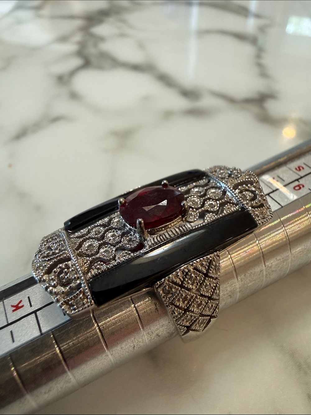 Carol Brodie art deco silver and black onyx ring, size 6.5-7